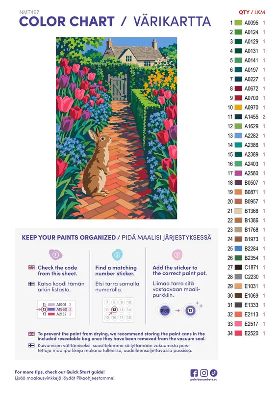 Paint color chart and instructions - Rabbit among the Tulips 40x60cm