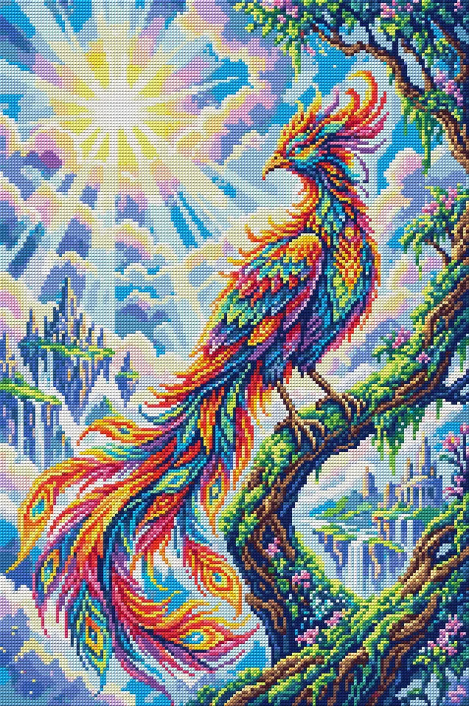 Radiant Phoenix in Fantasy Landscape, 40x60 cm diamond painting – full design preview without the close-up inset