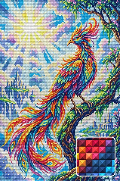 Radiant Phoenix in Fantasy Landscape, 40x60 cm diamond painting – finished design preview with a close-up of square drills