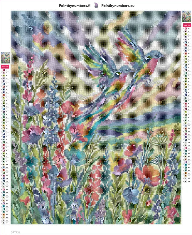 Diamond painting adhesive canvas preview - Rainbow Birds Over Wildflowers