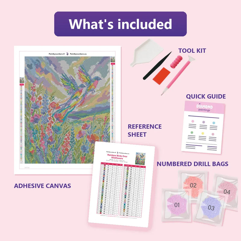What is included in the Rainbow Birds Over Wildflowers diamond painting kit - adhesive canvas, reference sheet, tools and numbered drill bags