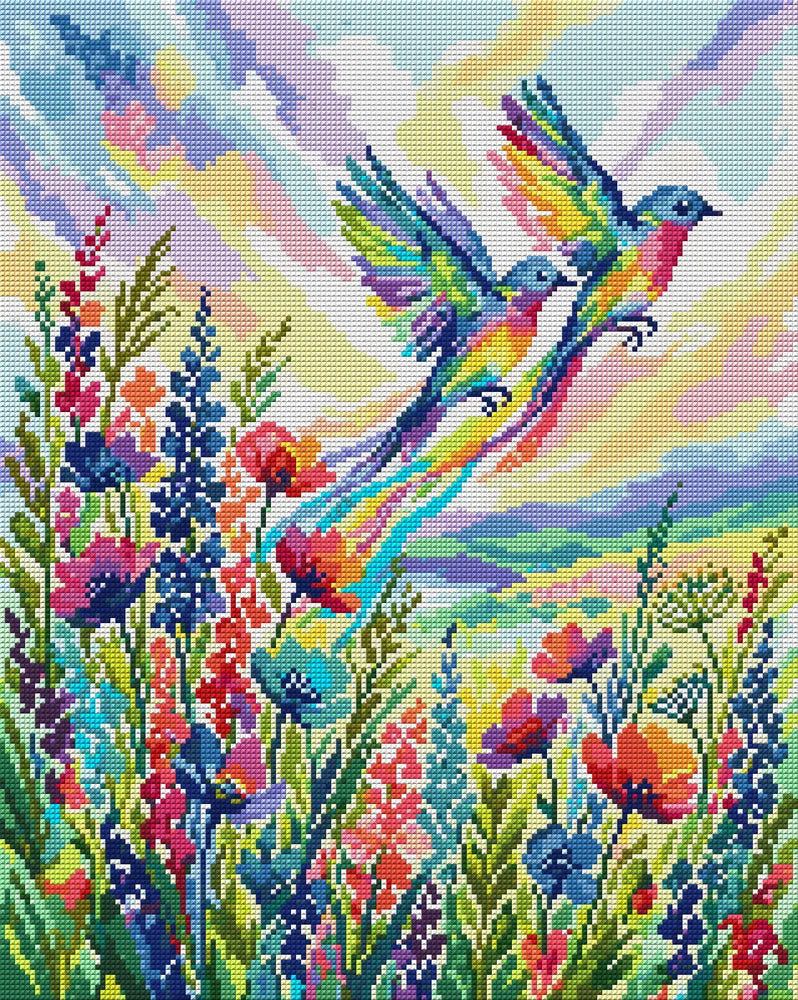 Rainbow Birds Over Wildflowers, 40x50 cm diamond painting – full design preview without the close-up inset