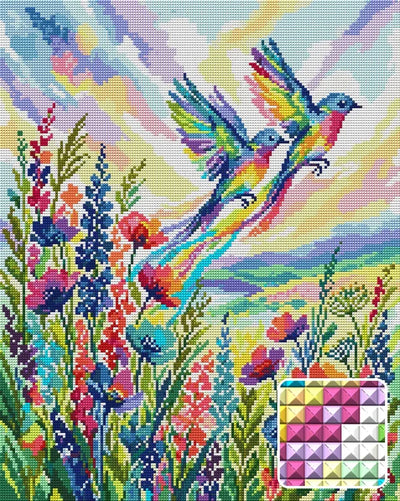 Rainbow Birds Over Wildflowers, 40x50 cm diamond painting – finished design preview with a close-up of square drills
