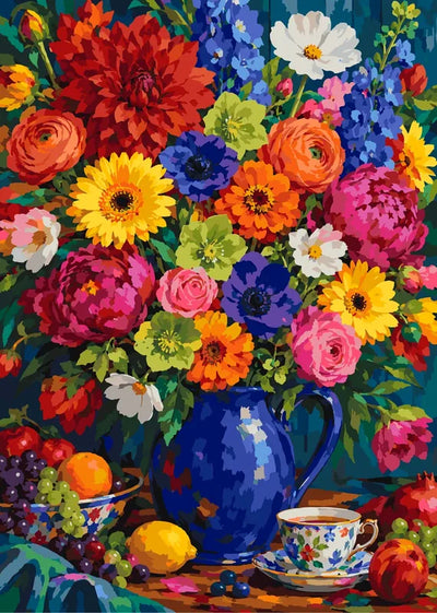 Colorful flower arrangement and fruit paint by numbers.