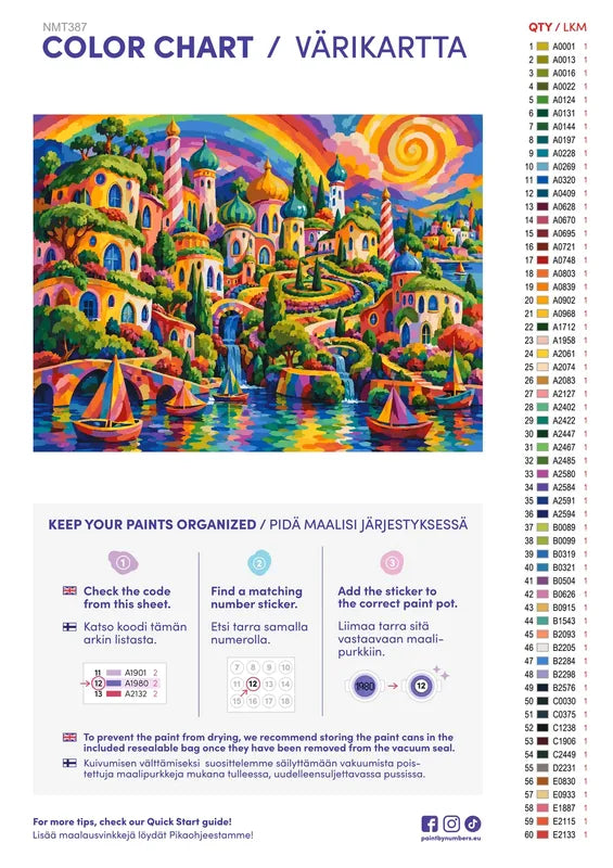 Paint color chart and instructions - Rainbow Hill Town 80x60cm