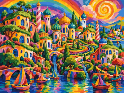 Colorful fantasy village and sailboats paint by numbers. Bright domes and rainbow sky.