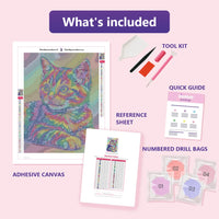 Thumbnail for What is included in the Rainbow Kitten diamond painting kit - adhesive canvas, reference sheet, tools and numbered drill bags