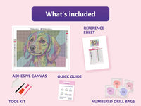 Thumbnail for Rainbow Puppy 40x30cm diamond painting kit contents: adhesive canvas, color chart, tools and diamond bags
