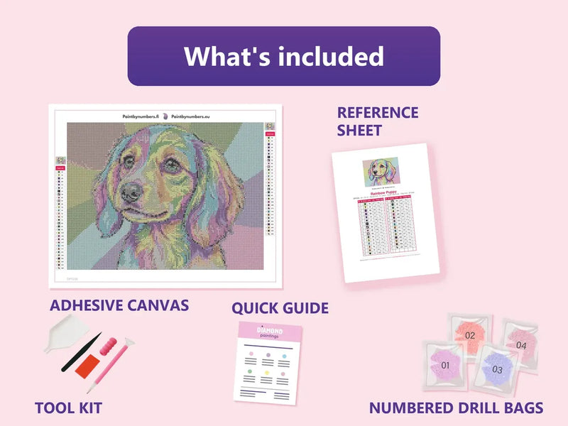 Rainbow Puppy 40x30cm diamond painting kit contents: adhesive canvas, color chart, tools and diamond bags
