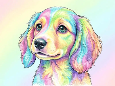 Diamond painting of a pastel-colored puppy in bright rainbow colors.