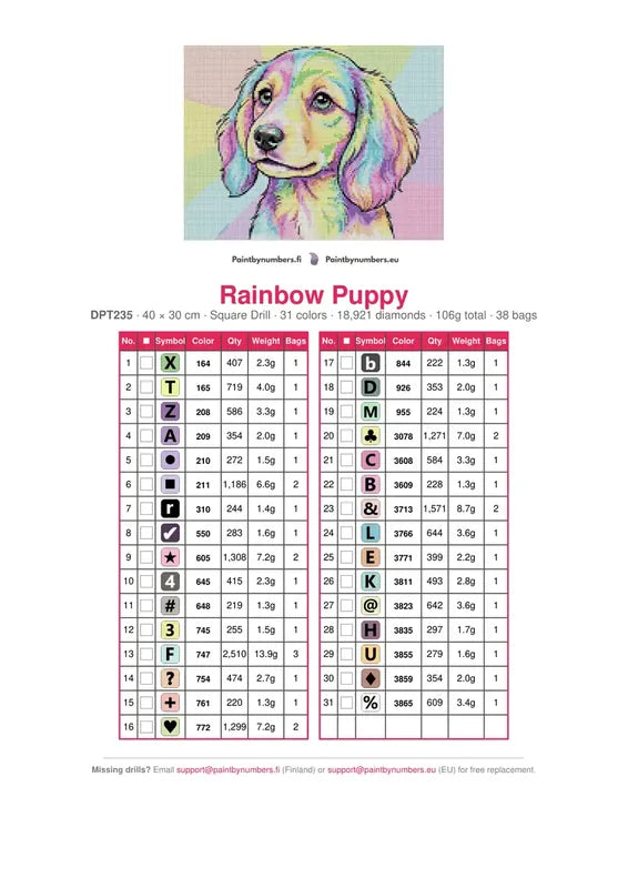 Rainbow Puppy diamond painting color chart – 31 DMC colors