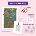 Thumbnail for What is included in the Rainforest Orchid Canopy diamond painting kit - adhesive canvas, reference sheet, tools and numbered drill bags