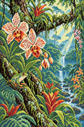 Miniatyrbild: Diamond painting-motiv med orkidéer och bromelior i regnskog med en groda och ett vattenfall