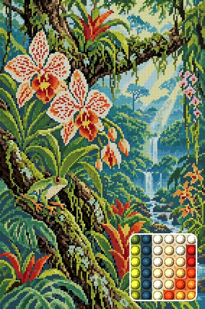 Rainforest Orchid Canopy, 40x60 cm diamond painting – finished design preview with a close-up of round drills