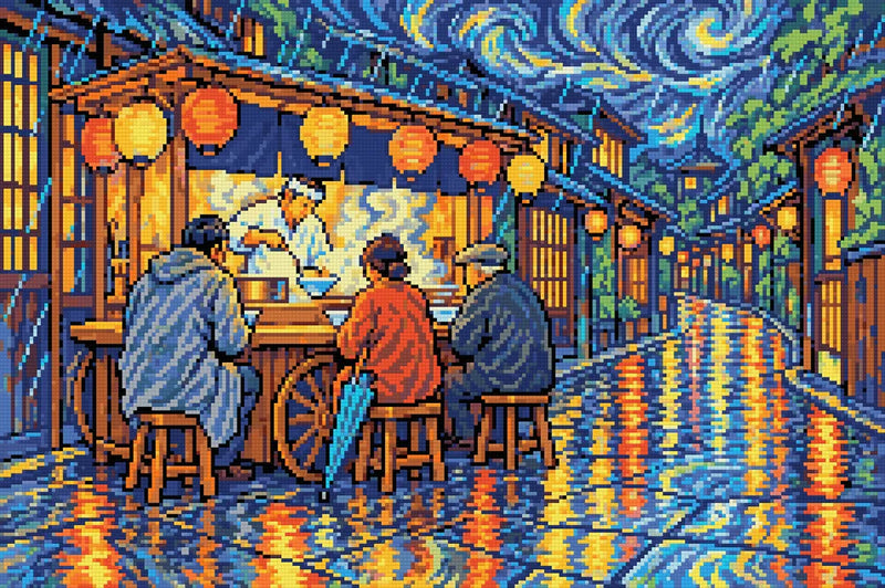 Ramen Cart in the Kyoto Rain, 60x40 cm diamond painting – finished design preview