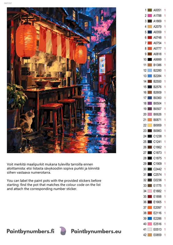Paint color chart and instructions - Ramen Stand in the Rain 30x40cm