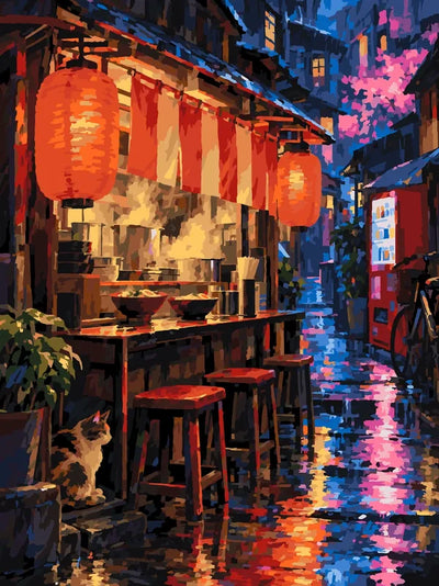 Japanese street food stall, lanterns, and cat paint by numbers.