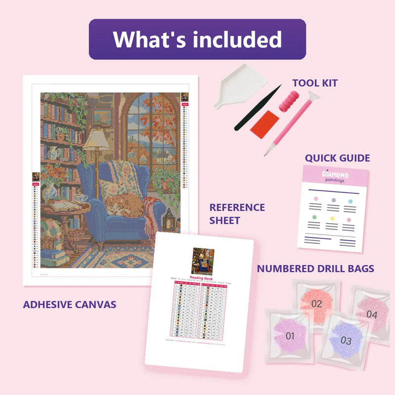 What is included in the Reading Nook diamond painting kit - adhesive canvas, reference sheet, tools and numbered drill bags