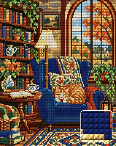 Reading Nook, 40x50 cm diamond painting – finished design preview with a close-up of square drills