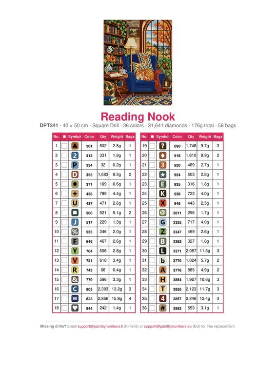 DMC color chart for Reading Nook diamond painting - 36 colors