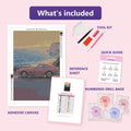 Thumbnail for Red Car by the Coast 40x60cm diamond painting kit contents: adhesive canvas, color chart, tools and diamond bags