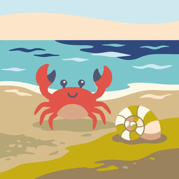 Red crab and seashell on the beach paint by numbers. Blue sea background.