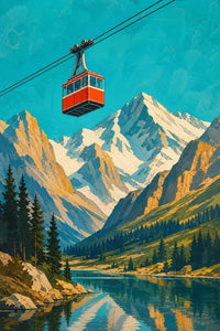 Thumbnail for Diamond painting featuring a red cable car traveling through a mountain landscape with snow-capped peaks in the background.