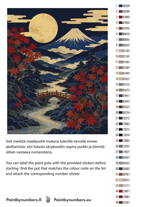 Paint color chart and instructions - Red Maple Bridge Landscape 40x50cm