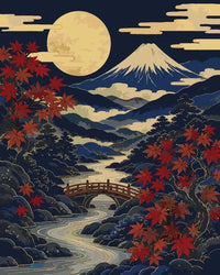 Thumbnail for Japanese mountain landscape, red maple leaves and arched bridge paint by numbers.