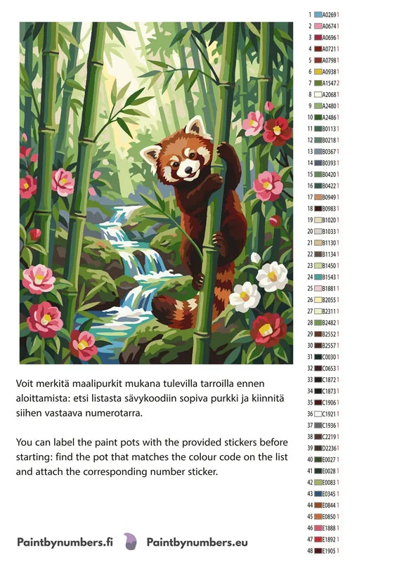 Paint color chart and instructions - Red Panda in Bamboo 40x50cm