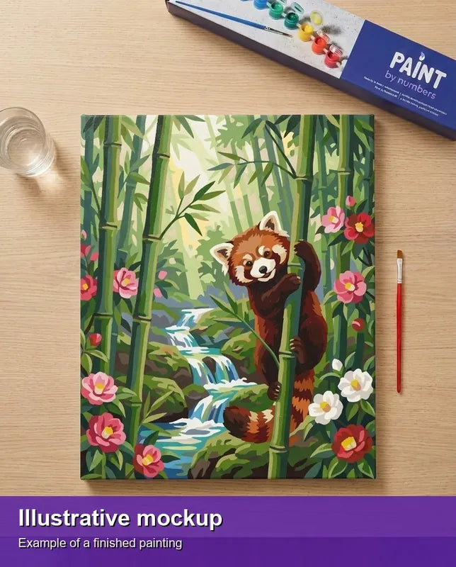 Finished paint by numbers mockup - Red Panda in Bamboo 40x50cm