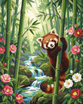 Thumbnail for Red panda in bamboo forest paint by numbers. Stream and flowers in background.