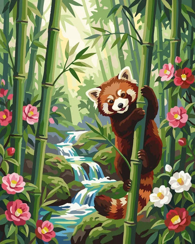 Red panda in bamboo forest paint by numbers. Stream and flowers in background.