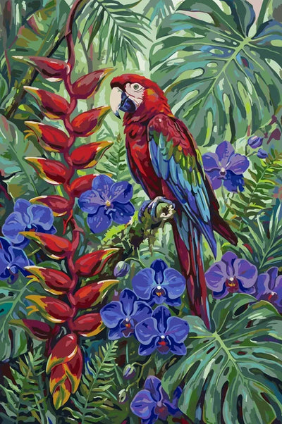 Red parrot and blue flowers paint by numbers. Tropical jungle.