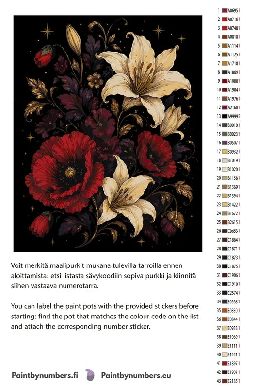 Paint color chart and instructions - Red Poppies and White Lilies 40x50cm