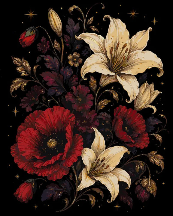 Red poppies and white lilies on black background paint by numbers.