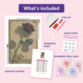 Thumbnail for Red Rose on Paper 40x60cm diamond painting kit contents: adhesive canvas, color chart, tools and diamond bags