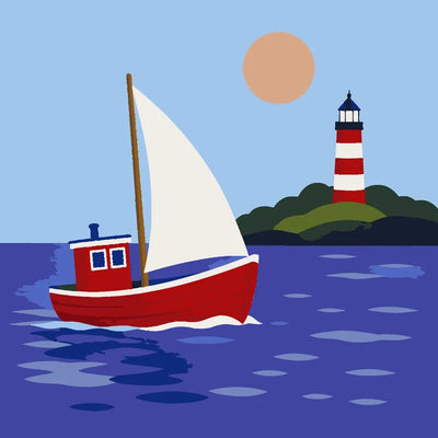 Red sailboat and lighthouse paint by numbers. Bright colors, nautical scene.