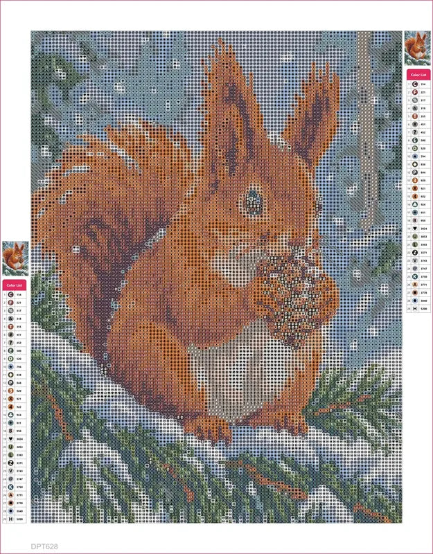 Diamond painting adhesive canvas preview - Red Squirrel in Snowy Pines
