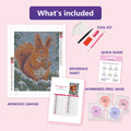 Thumbnail for What is included in the Red Squirrel in Snowy Pines diamond painting kit - adhesive canvas, reference sheet, tools and numbered drill bags