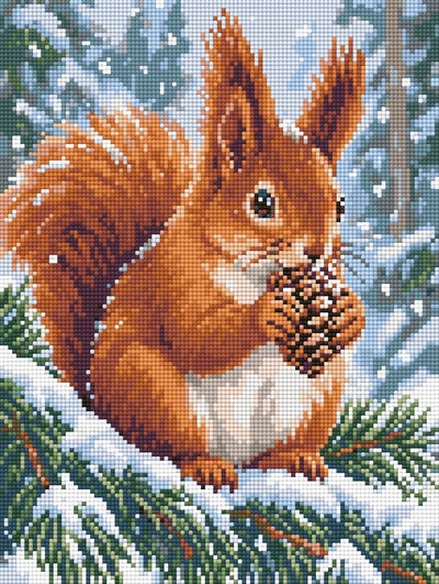 En rödbrun ekorre med en kotte på en snötäckt tallgren