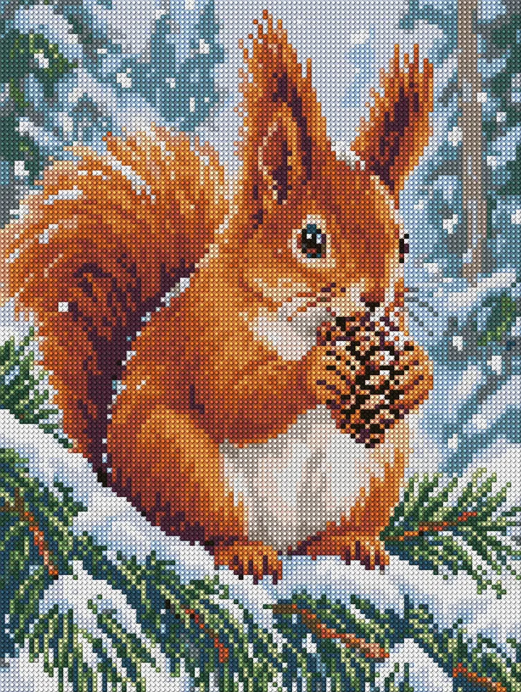red squirrel on a snowy pine branch, 30x40 cm diamond painting – full design preview