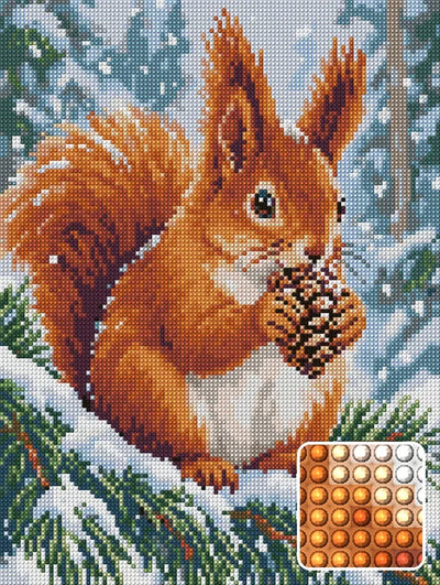 red squirrel on a snowy pine branch, 30x40 cm diamond painting – design and close-up of round drills