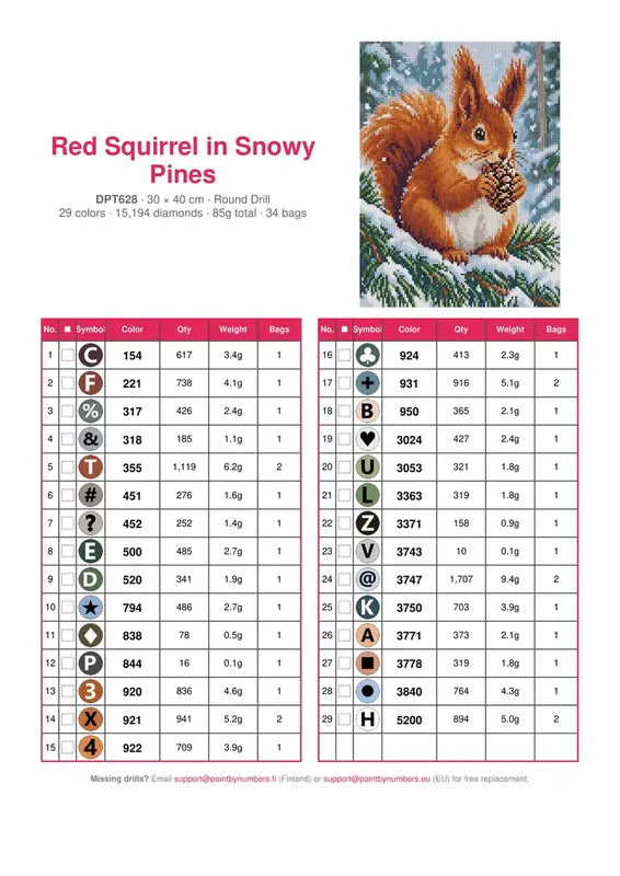 DMC color chart for Red Squirrel in Snowy Pines diamond painting - 29 colors