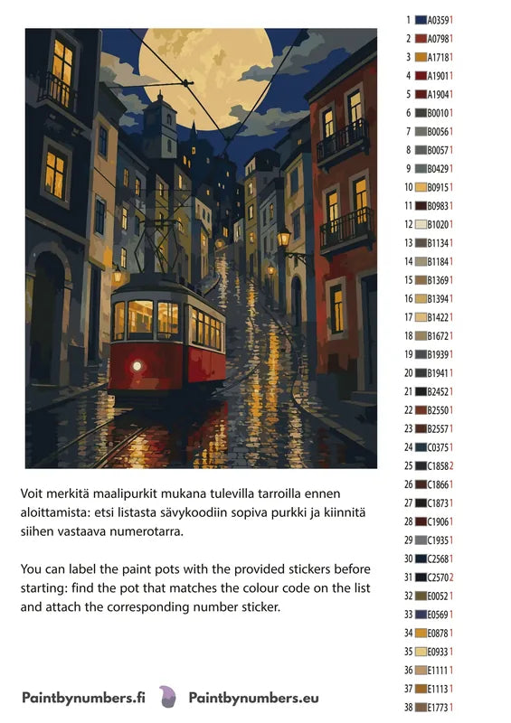 Paint color chart and instructions - Red Tram at Night 40x50cm