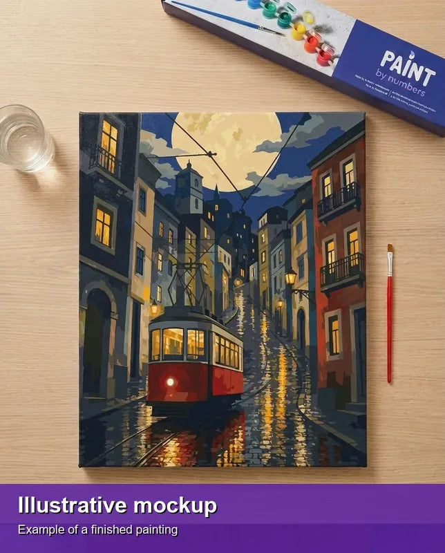 Finished paint by numbers mockup - Red Tram at Night 40x50cm