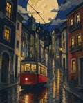 Thumbnail for Red tram at night on a hilly street paint by numbers, glowing windows, full moon.