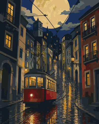 Red tram at night on a hilly street paint by numbers, glowing windows, full moon.