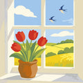 Thumbnail for Red tulips in a clay pot and two swallows outside the window paint by numbers.