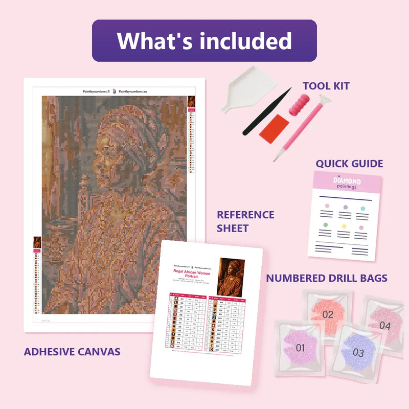 What is included in the Regal African Woman Portrait diamond painting kit - adhesive canvas, reference sheet, tools and numbered drill bags